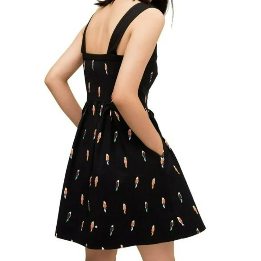 Kate Spade Flock Party Dress 0 Black Parrot Jacquard Fit N Flare Mock Wrap Mini